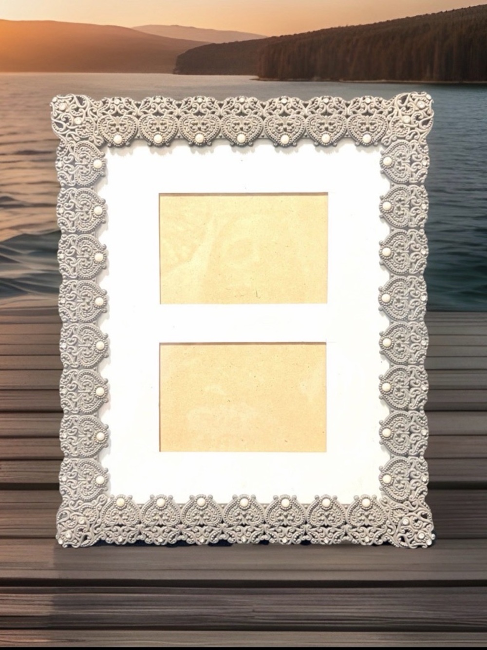 Rare Woods Pewter Filigree Double Picture Frame Faux Pearl Rhinestone Victorian